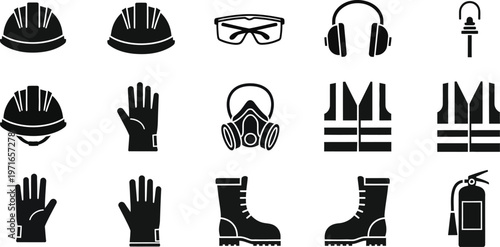 Black and white safety equipment icons a comprehensive collection for workplace hazard protection