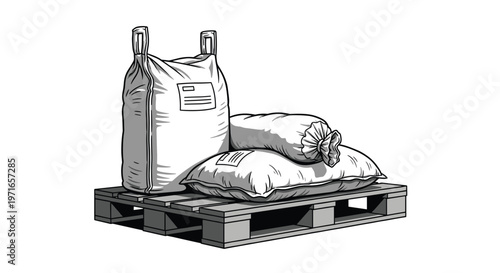 Large industrial bags of bulk material stacked on a wooden pallet for transport and storage in a busy warehouse scene.