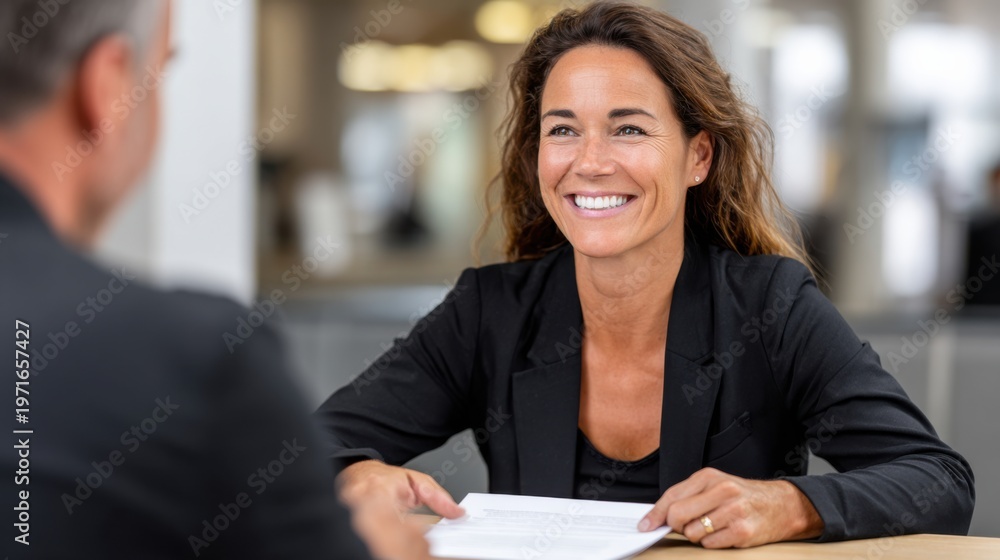 Obraz premium Businesswoman with long brown hair in black blazer smiles while holding documents during a meeting at a modern office with blurred background elements