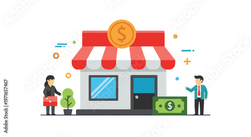 Retail store illustration featuring a small shop building with a customer, business owner, and financial success symbols.
