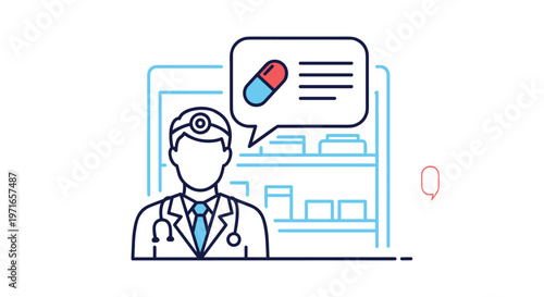 Doctor standing in front of pharmacy shelves with a speech bubble showing a medical pill capsule icon for prescriptions.