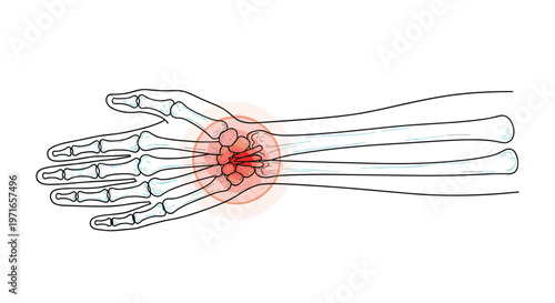 Anatomical illustration of a human hand skeleton with a red highlighted area indicating pain or injury in the wrist.