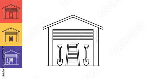 Home garage organization featuring a ladder and shovels inside an open building with various color variant icons.