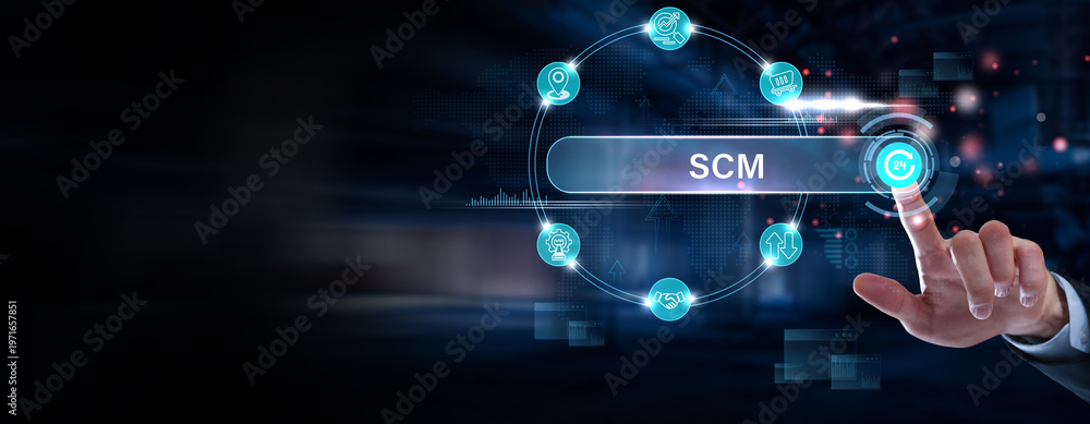 Fototapeta premium Businessman finger pointing on SCM dashboard, supply chain management system, logistics optimization interface, inventory control and distribution efficiency concept