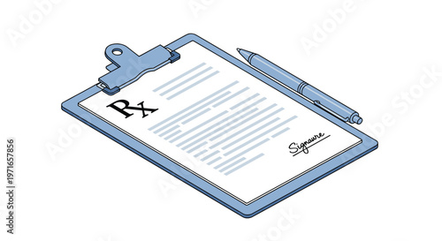 Medical prescription form on a blue clipboard with an Rx symbol and a signature line next to a silver ballpoint pen.
