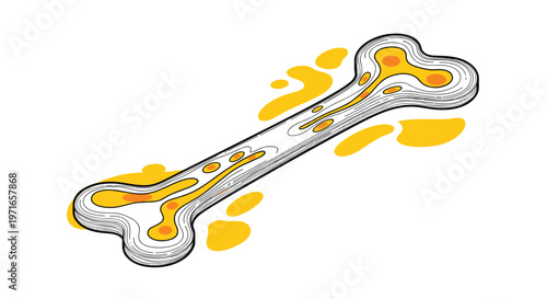 Human bone structure shown in an isometric view with vibrant yellow and orange marrow spots representing health or disease.