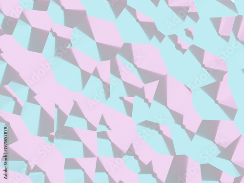 Pink and teal geometric pattern with abstract 3D shapes and shadows