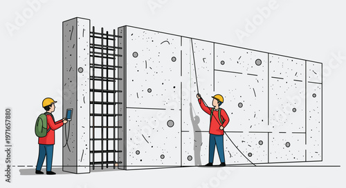 Two construction workers in safety gear examine a large concrete wall with steel reinforcements at a building site.