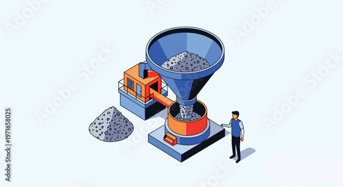 Industrial worker standing next to a large milling machine processing grey stone or grain in a factory setting.