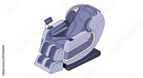 Ergonomic massage chair in light blue and grey colors featuring a digital control screen for relaxation and comfort.