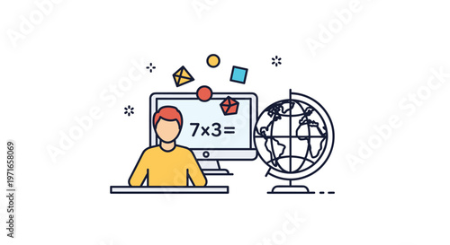 Young student boy sitting at a desk with a computer monitor displaying a math problem next to a world globe model.