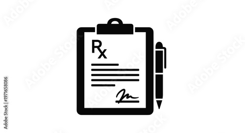 Basic black and white icon of a medical prescription on a clipboard with an Rx symbol, signature, and a silver pen.