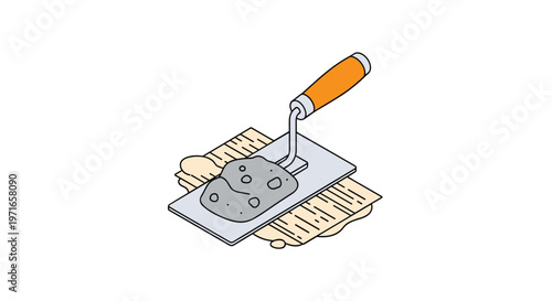 Professional construction trowel with a wooden handle holding a pile of grey wet cement over a patterned wooden surface.