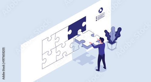 Successful businessman in a dark suit placing the final large piece into a white jigsaw puzzle wall in an office setting.