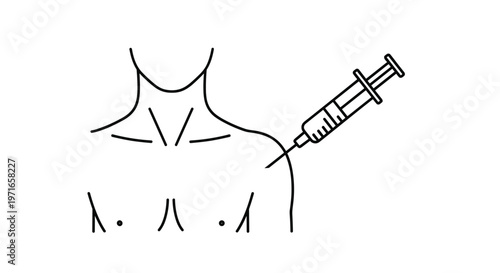 Black and white line drawing of a syringe being injected into the shoulder of a human body for vaccination or medicine.