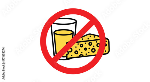 Forbidden sign with a red circle and slash over a glass of juice and cheese to indicate no food or drink allowed in the area.