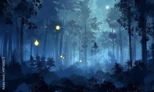 A serene nighttime forest scene with fireflies dancing amidst tall trees and foliage under a soft blue glow.