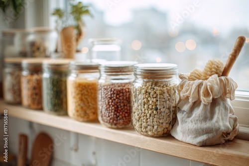 Glass Jars of Legumes and Grains on Kitchen Shelf