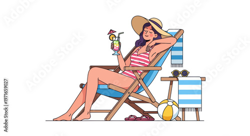 Relaxed woman, beach vacation, summer leisure, vector illustration, beach chair, tropical getaway