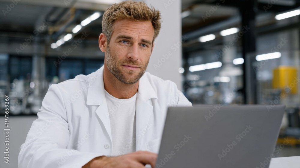 Fototapeta premium Male scientist in a white lab coat working on a laptop in a modern laboratory with equipment and glassware visible in the background