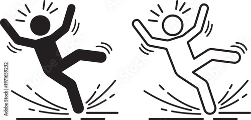 Black and white stick figure falling on wet surface with motion lines also transparent background slip