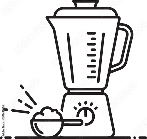 Black line of a blender with a scoop of powder and splashes also transparent background kitchen appliance