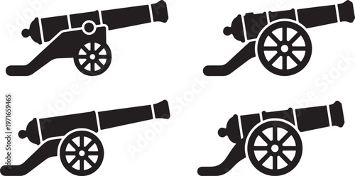 Four black silhouette cannons with spoked wheels on white background also transparent background artillery