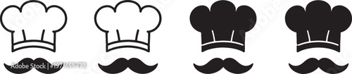 Four stylized chef hats and mustaches black and white also transparent background symbol cooking culinary