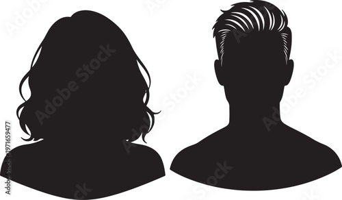 Black silhouette profiles of a woman with wavy hair and a man with styled hair side by side also transparent background
