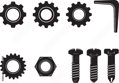 Black silhouette of gears nuts bolts and hex wrench on white background also transparent background