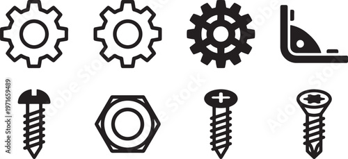 Collection of black line depicting gears screws and a corner bracket also transparent background silhouette