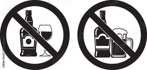 Two black prohibition signs showing a bottle and glass on the left and a bottle and beer mug on the right also transparent background