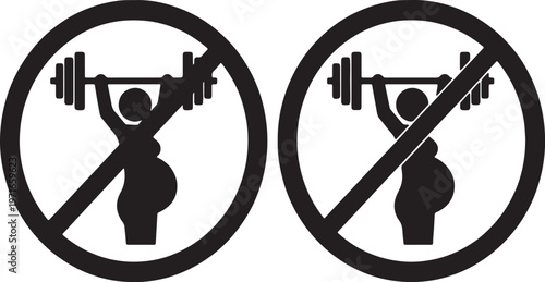 Two black silhouette of pregnant figures lifting barbells within prohibition circles also transparent background