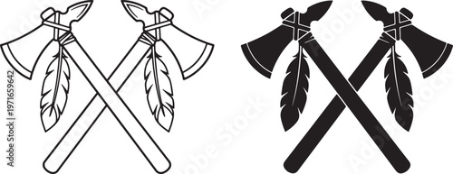 Two crossed tomahawks with feathers black and white also transparent background hatchet native american
