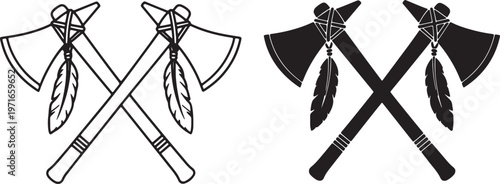 Two crossed tomahawks with feathers and banded handles in outline and silhouette also transparent background