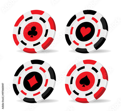 Gambling chips for poker and casino. Gambling coins, tokens with card signs, poker chips. Diamonds, clubs, hearts, and spades. Red, black and white chips.