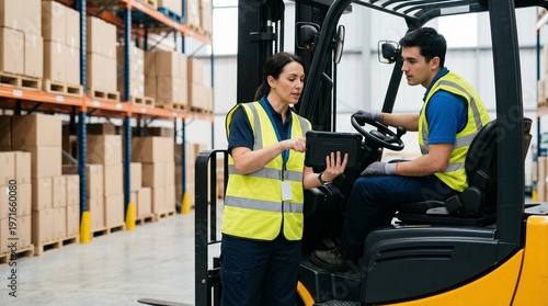Female supervisor pointing at tablet with forklift operator in warehouse full of palletized boxes