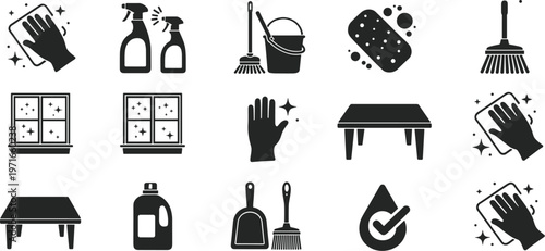 Collection of black cleaning service including spray bottles gloves broom bucket sponge and windows