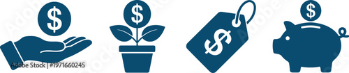 Collection of four dark blue representing financial concepts including a hand holding a coin a plant growing from a pot a price tag and a piggy bank