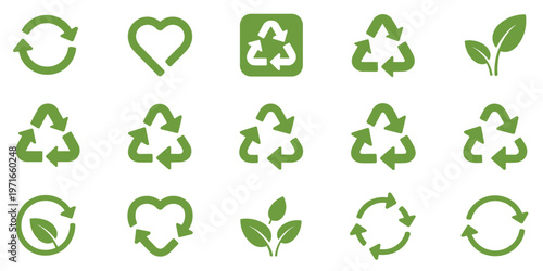 Collection of green recycling and eco friendly symbols including arrows and leaves