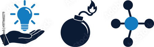 Hand holding light bulb bomb and molecular structure idea fuse