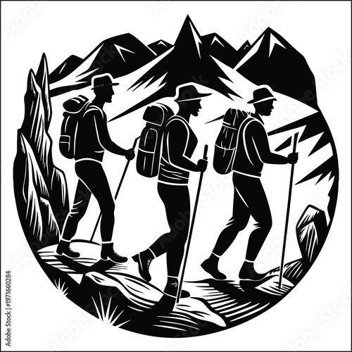  Silhouette of four hikers with backpacks and trekking poles walking on mountain trail