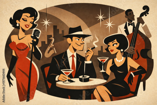 Retro-Illustration einer Jazzbar: Sängerin im roten Kleid auf der Bühne, Band mit Saxofon, Kontrabass und Schlagzeug, elegantes Paar am Tisch bei Kerzenlicht, urbane Kulisse im Vintage-Stil.