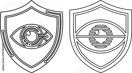 Surveillance eye monitoring icons in shields for internet security and privacy protection