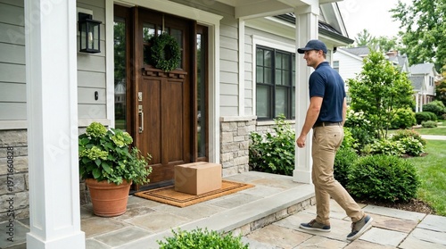 Delivery driver approaching front door with cardboard package on porch in suburban summer daylight