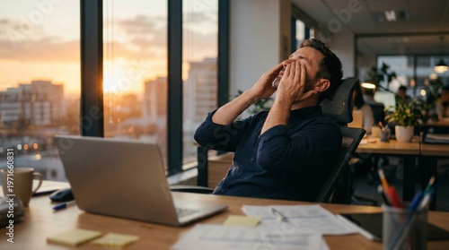 Man rubbing eyes at desk with laptop and papers in sunset office golden hour