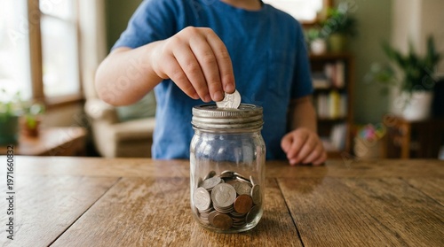 Child in blue shirt dropping coin into mason jar on wooden table in daylight