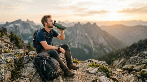 Man drinking from green bottle sitting on rocky mountain ridge with backpack at golden hour