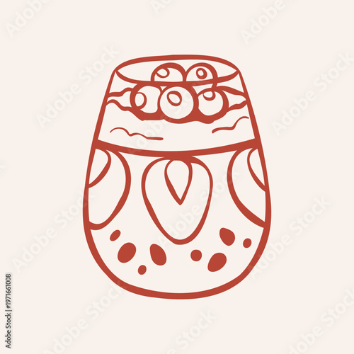 Hand-drawn line illustration of a Yogurt Muesli Parfait with Berries in a glass. Clip art of a healthy breakfast. Outline drawing for recipe, menu, packaging design, or sticker. 