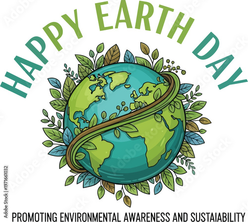 Creative vector illustration featuring a stylized globe surrounded by lush green foliage celebrating the annual happy earth day event dedicated to global environmental awareness and sustainability